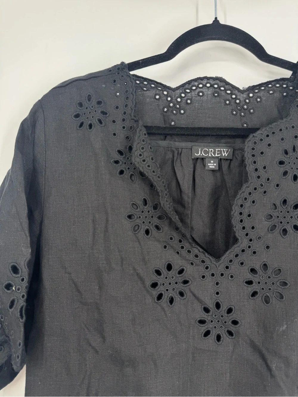 NEW J. Crew Embroidered Eyelet Top Black Linen Scalloped Trim Loose Size M